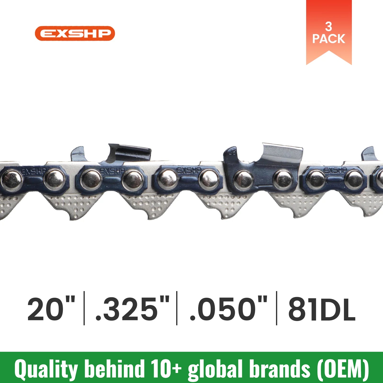 EXSHP | 20 Inch Chainsaw Chain | 325 Pitch .050" Gauge | 81 Drive Links | Full Chisel | 3-PACK