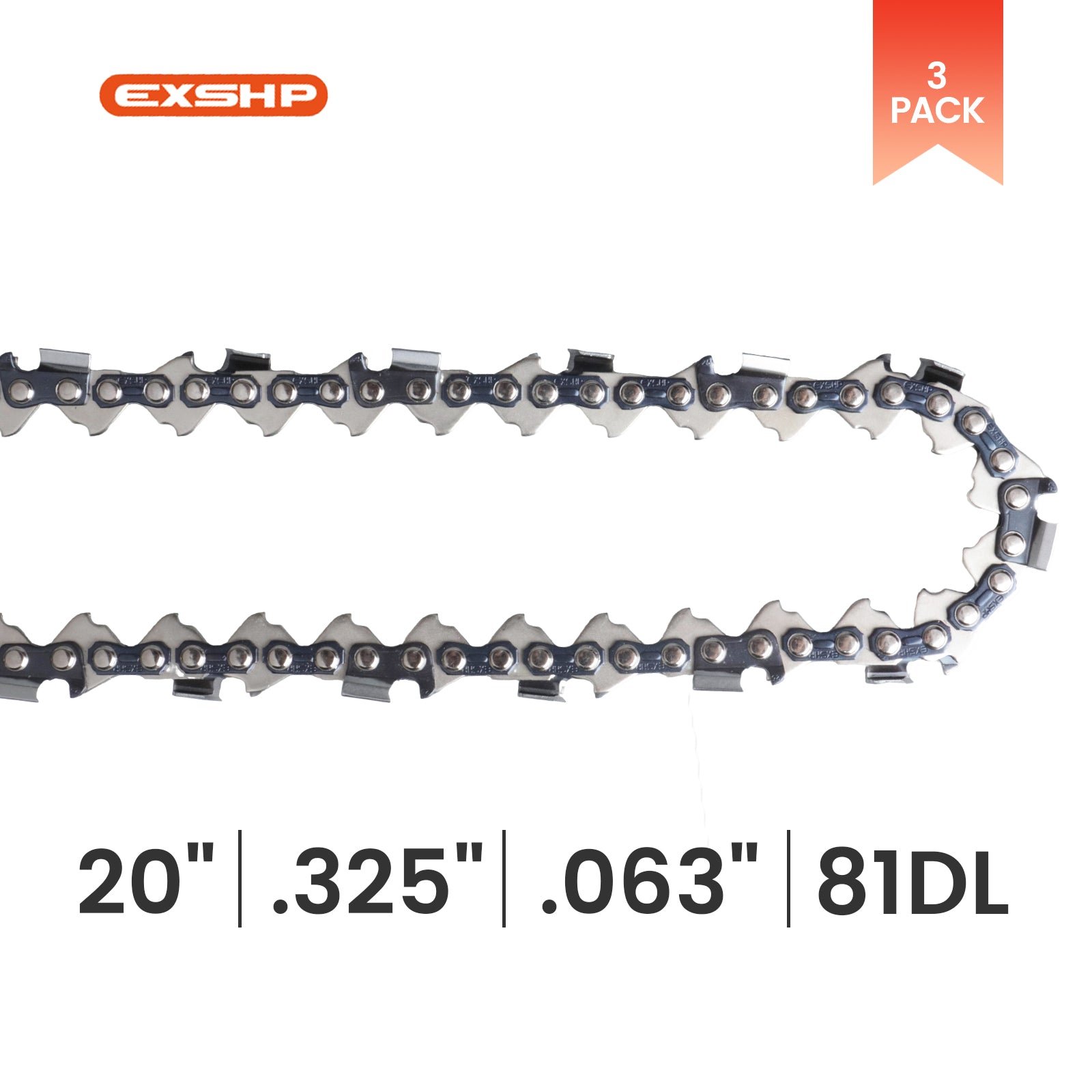 EXSHP | 20 Inch Chainsaw Chain | 325 Pitch .063" Gauge | 81 Drive Links | Full Chisel | 3-PACK