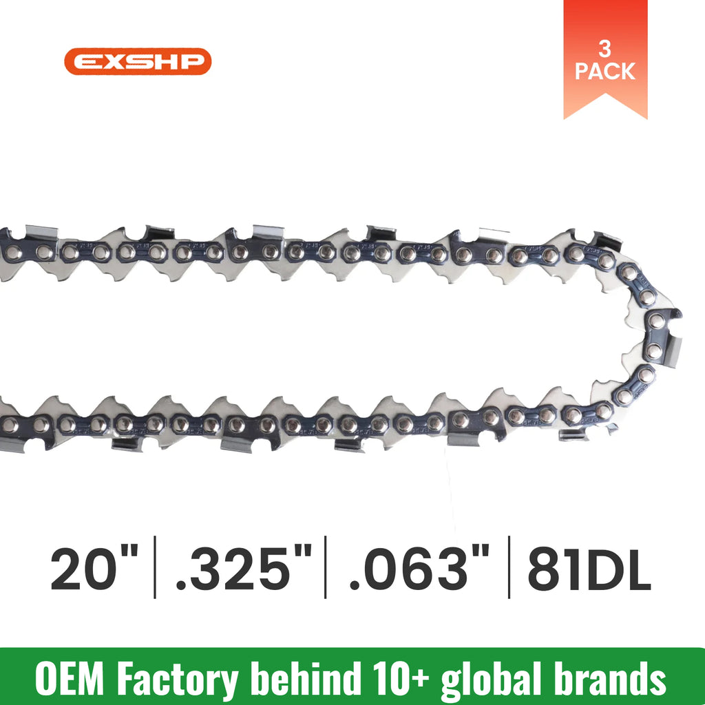 EXSHP | 20 Inch Chainsaw Chain | 325 Pitch .063" Gauge | 81 Drive Links | Full Chisel | 3-PACK
