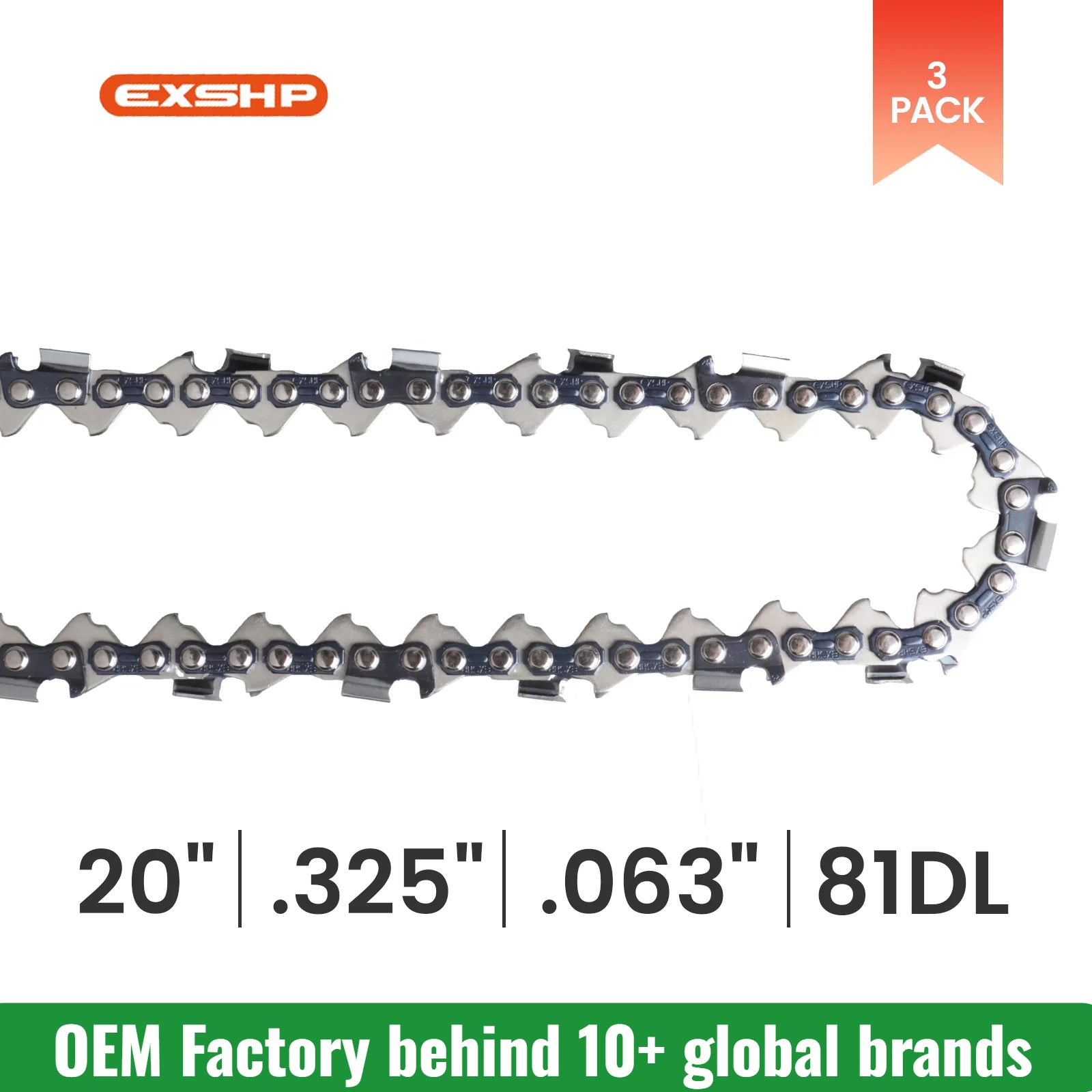 EXSHP | 20 Inch Chainsaw Chain | 325 Pitch .063" Gauge | 81 Drive Links | Full Chisel | 3-PACK