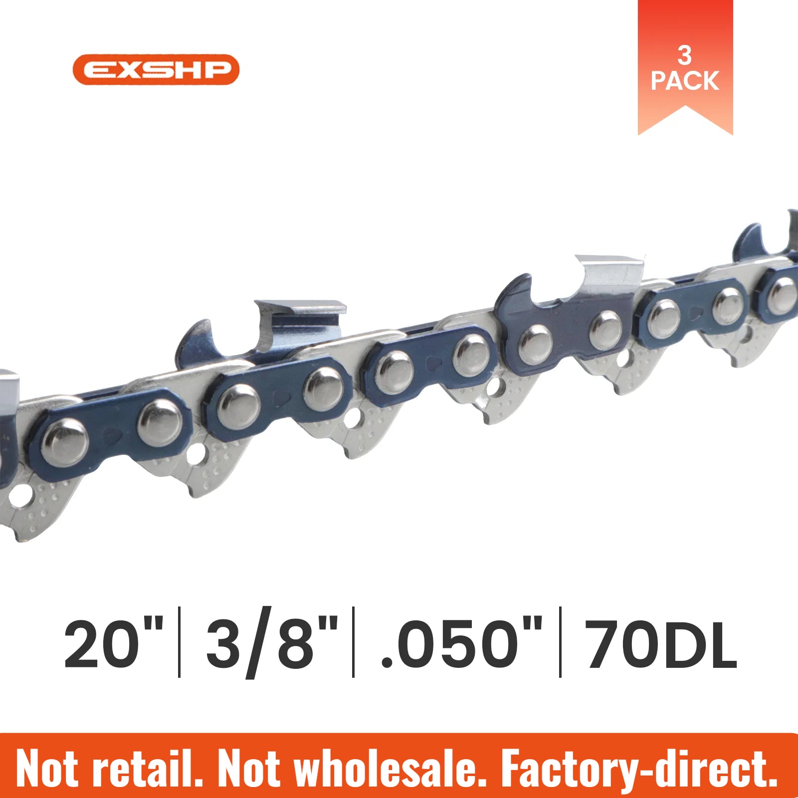 EXSHP | 20 Inch Chainsaw Chain | 3/8" Pitch .050" Gauge | 70 Drive Links | Full Chisel | 3-PACK