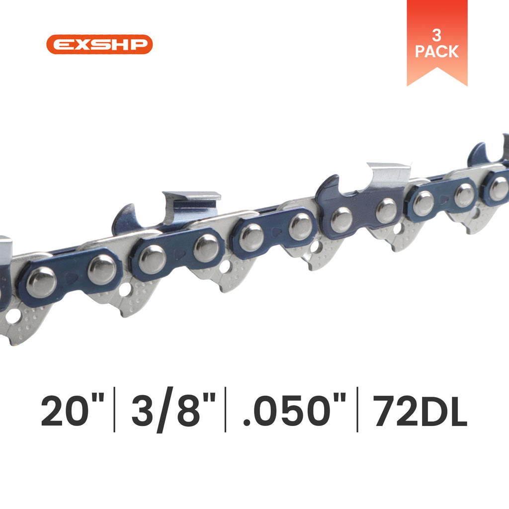 EXSHP | 20 Inch Chainsaw Chain | 3/8" Pitch .050" Gauge | 72 Drive Links | Full Chisel | 3-PACK