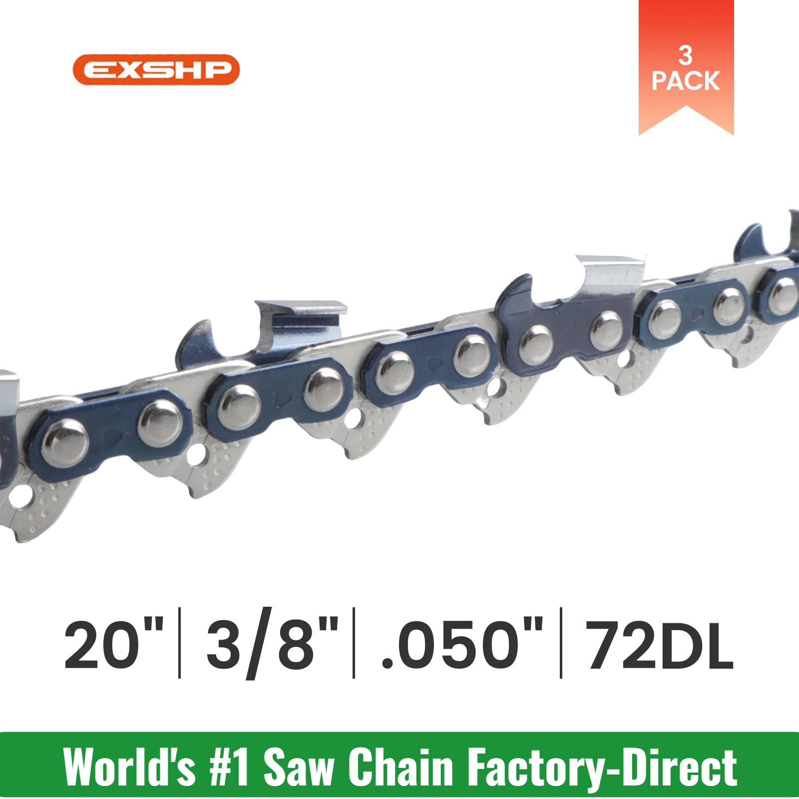 EXSHP | 20 Inch Chainsaw Chain | 3/8" Pitch .050" Gauge | 72 Drive Links | Full Chisel | 3-PACK