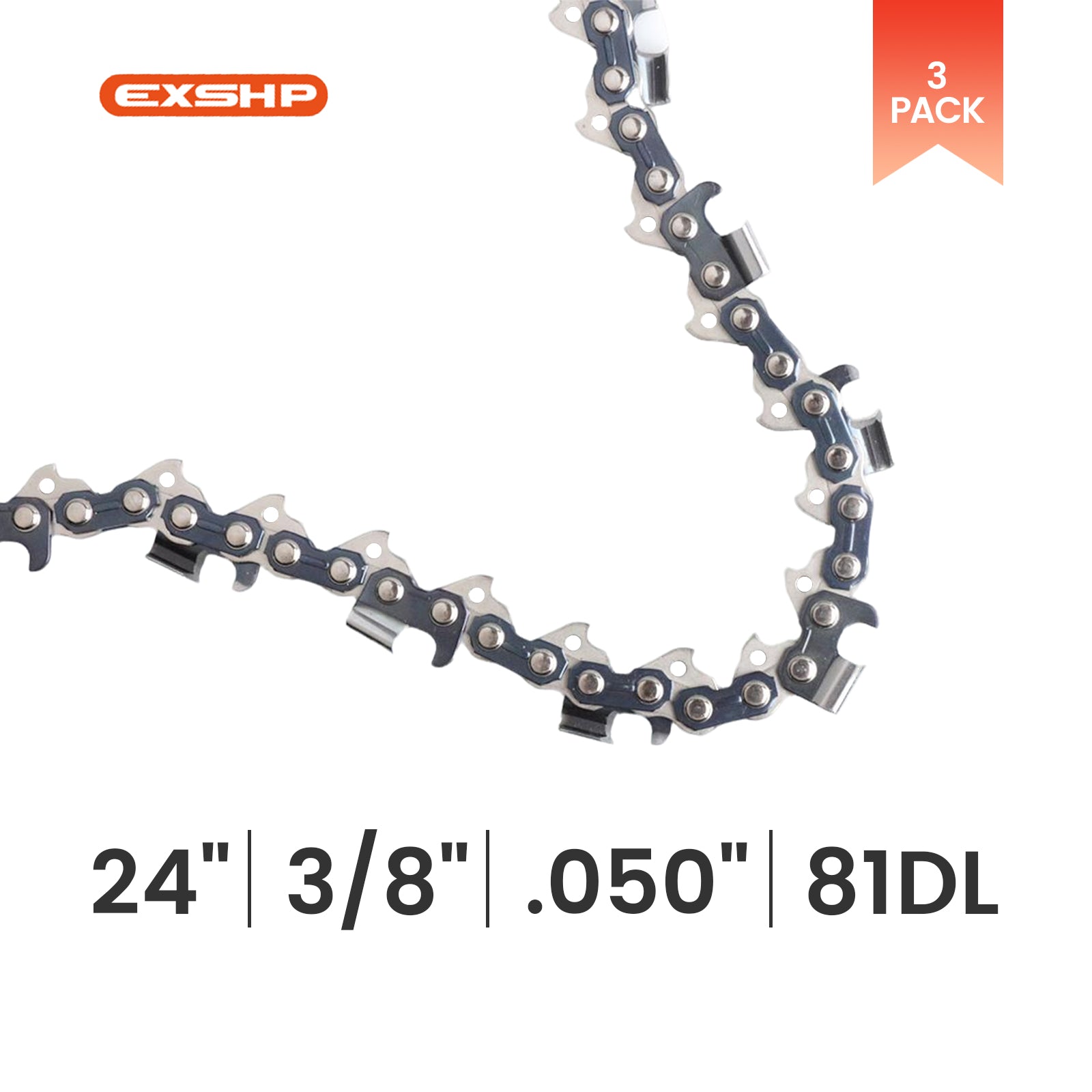 EXSHP | 24 Inch Chainsaw Chain | 3/8" Pitch .050" Gauge | 81 Drive Links | Semi Chisel | 3-PACK