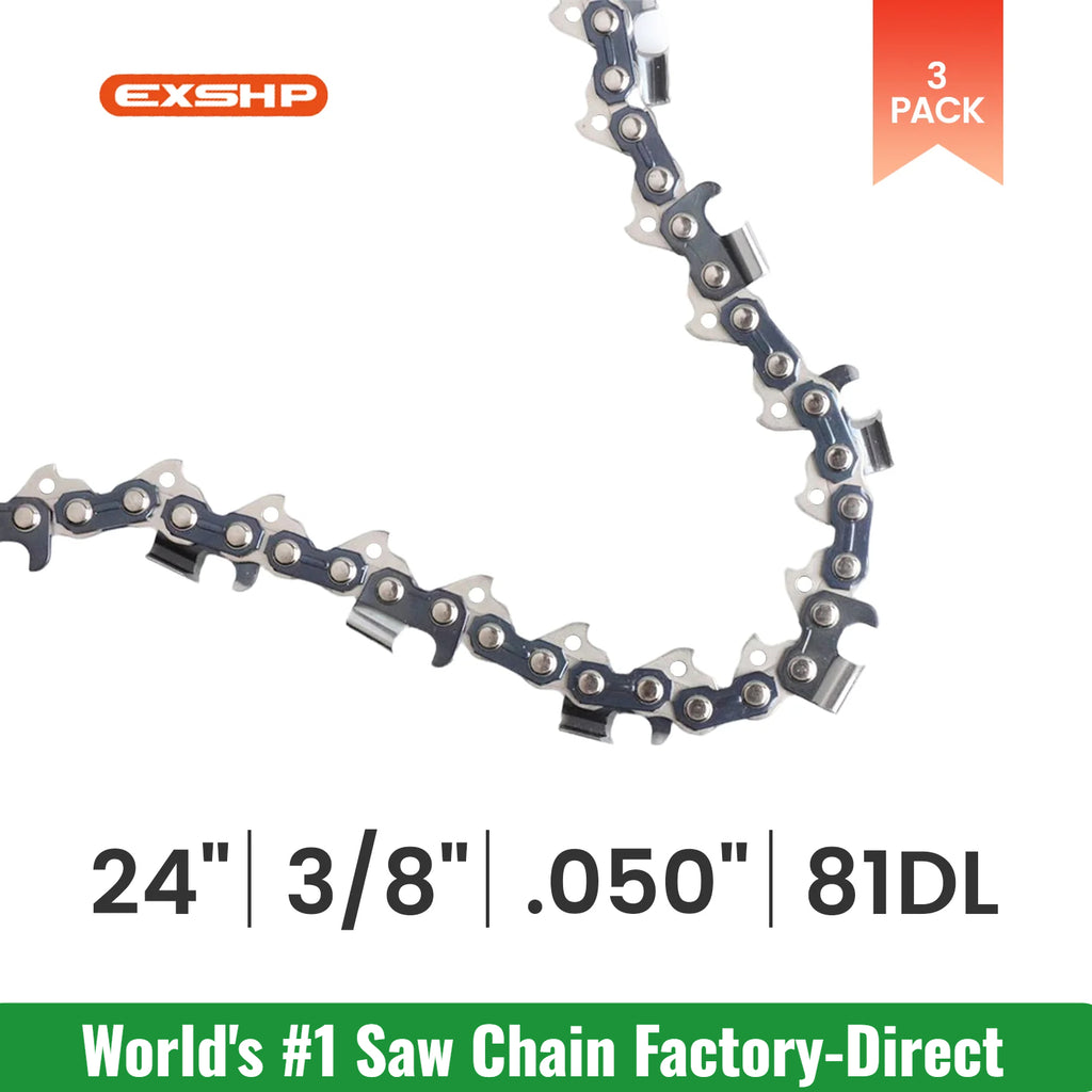 EXSHP | 24 Inch Chainsaw Chain | 3/8" Pitch .050" Gauge | 81 Drive Links | Semi Chisel | 3-PACK