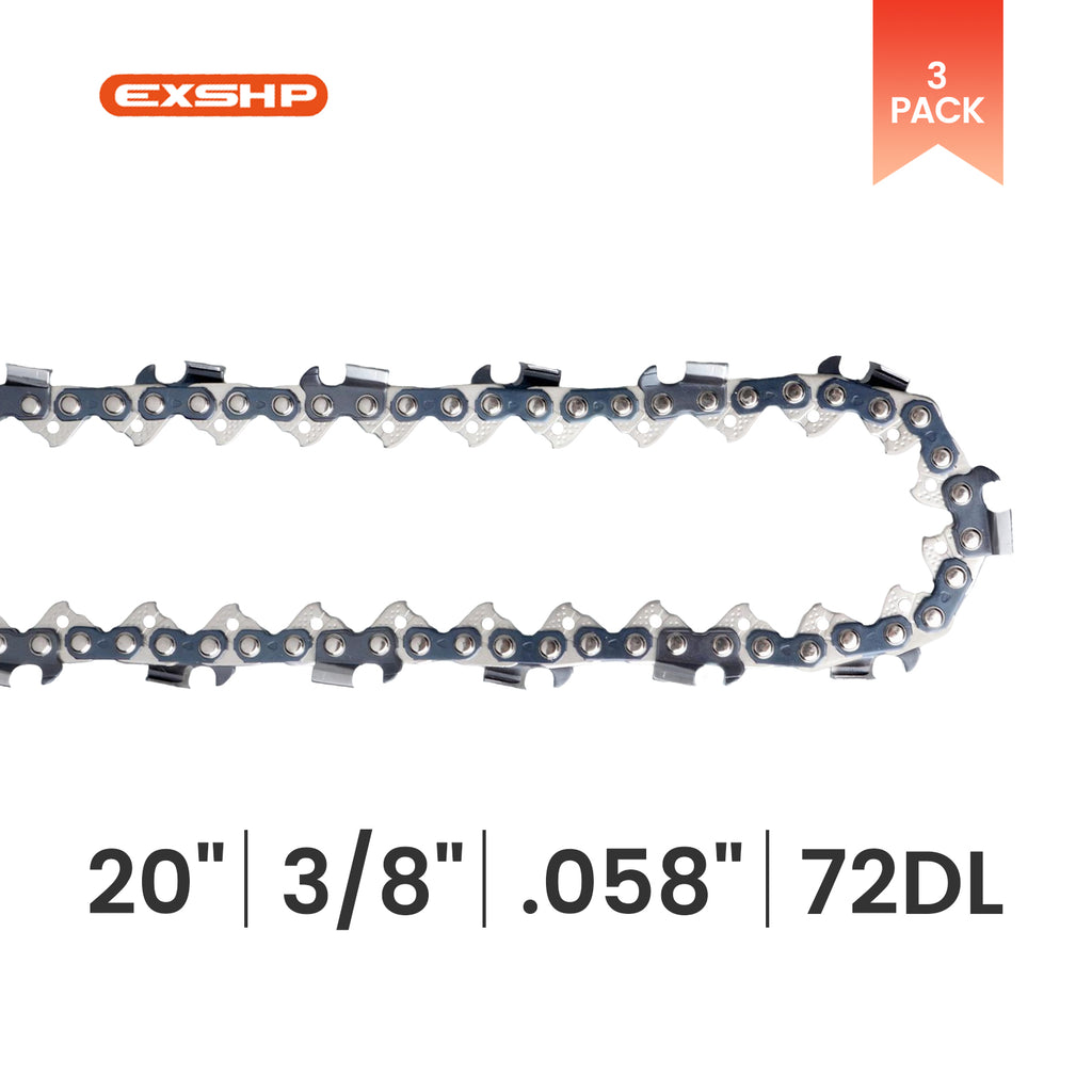 EXSHP | 20 Inch Chainsaw Chain | 3/8" Pitch .058" Gauge | 72 Drive Links | Full Chisel | 3-PACK