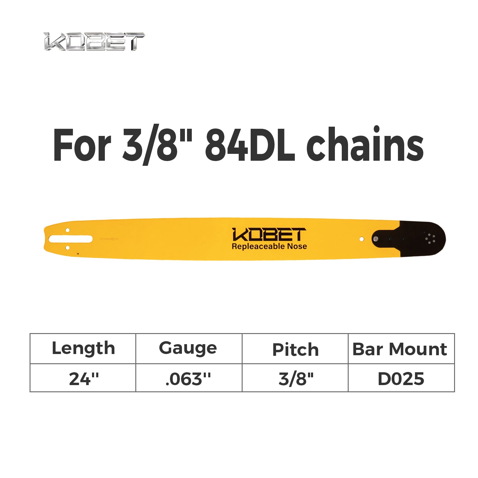 RSN GUIDE BAR | DF24384CY5R | Bar Mount D025 | Pitch 3/8" | Gauge .063" | Length 24" | Suitable for 3/8" 84DL chains