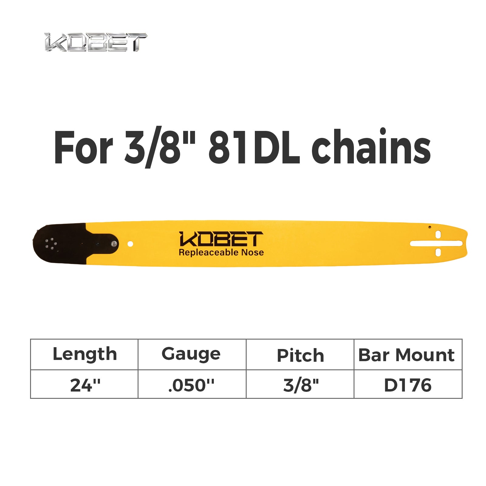 RSN GUIDE BAR | DS24081CY5R | Bar Mount D176 | Pitch 3/8" | Gauge .050" | Length 24" | Suitable for 3/8" 81DL chains
