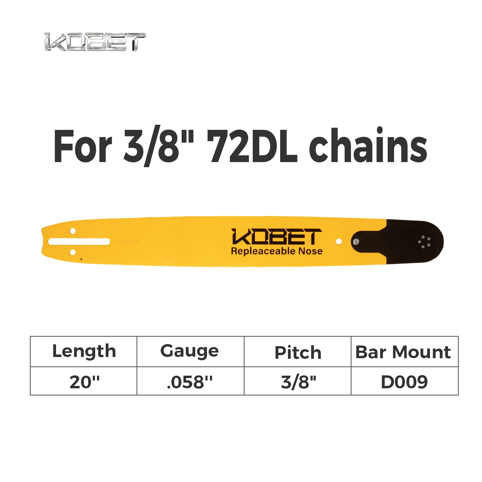 RSN GUIDE BAR | DZ20872CY5R | Bar Mount D009 | Pitch 3/8" | Gauge .058" | Length 20" | Suitable for 3/8" 72DL chains