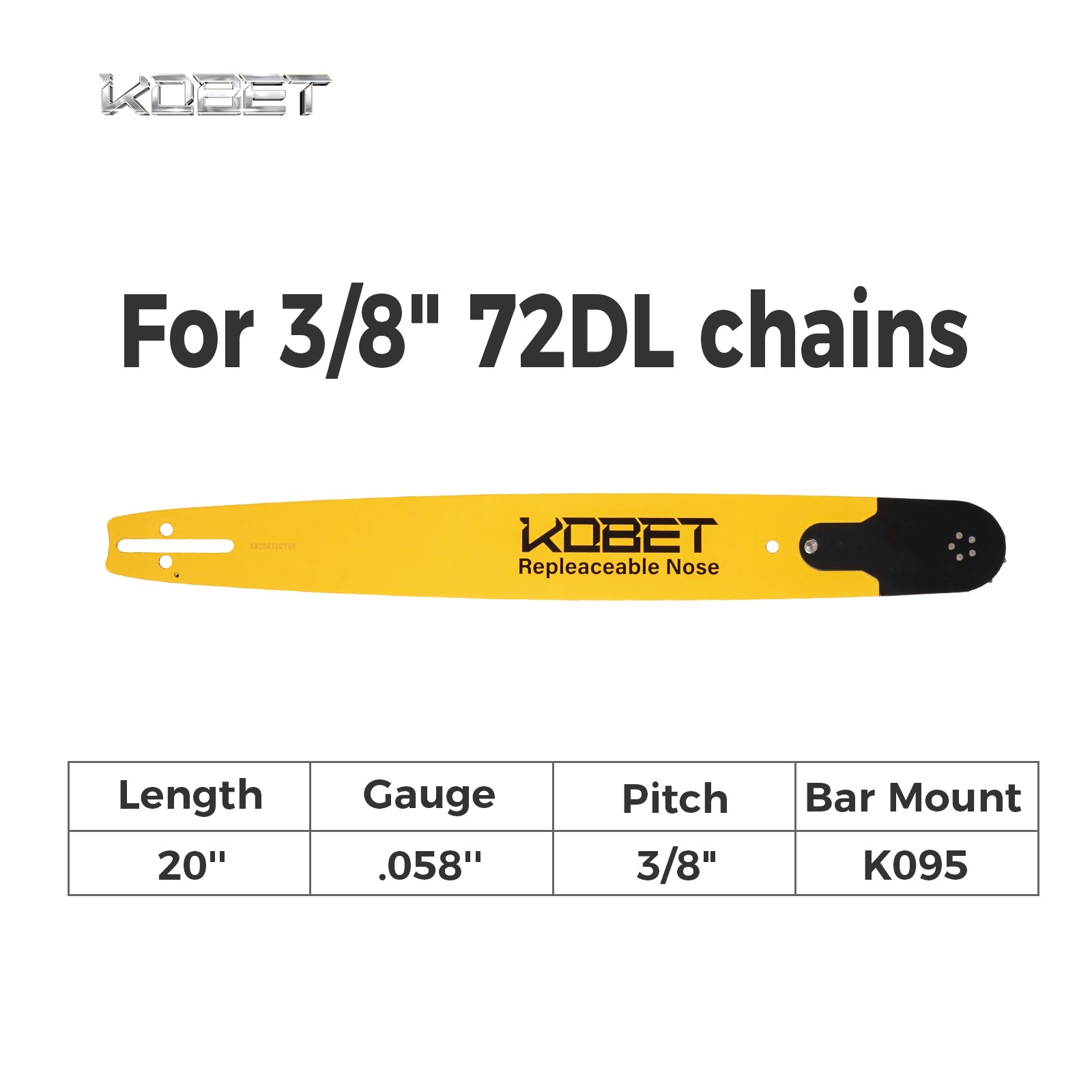 RSN GUIDE BAR | KN20872CY5R Bar Mount K095 | Pitch 3/8" | Gauge .058" | Length 20" | Suitable for 3/8" 72DL chains
