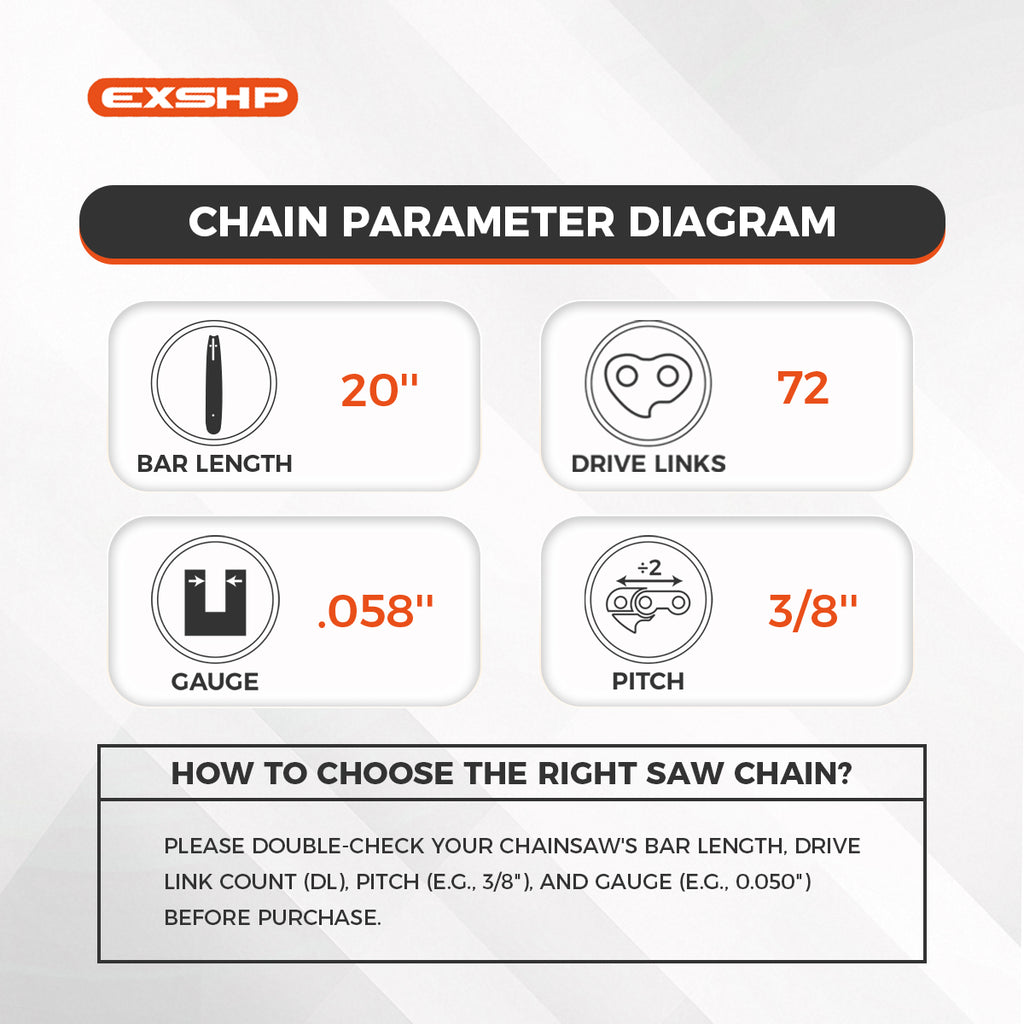 EXSHP | 20 Inch Chainsaw Chain | 3/8" Pitch .058" Gauge | 72 Drive Links | Full Chisel | 3-PACK