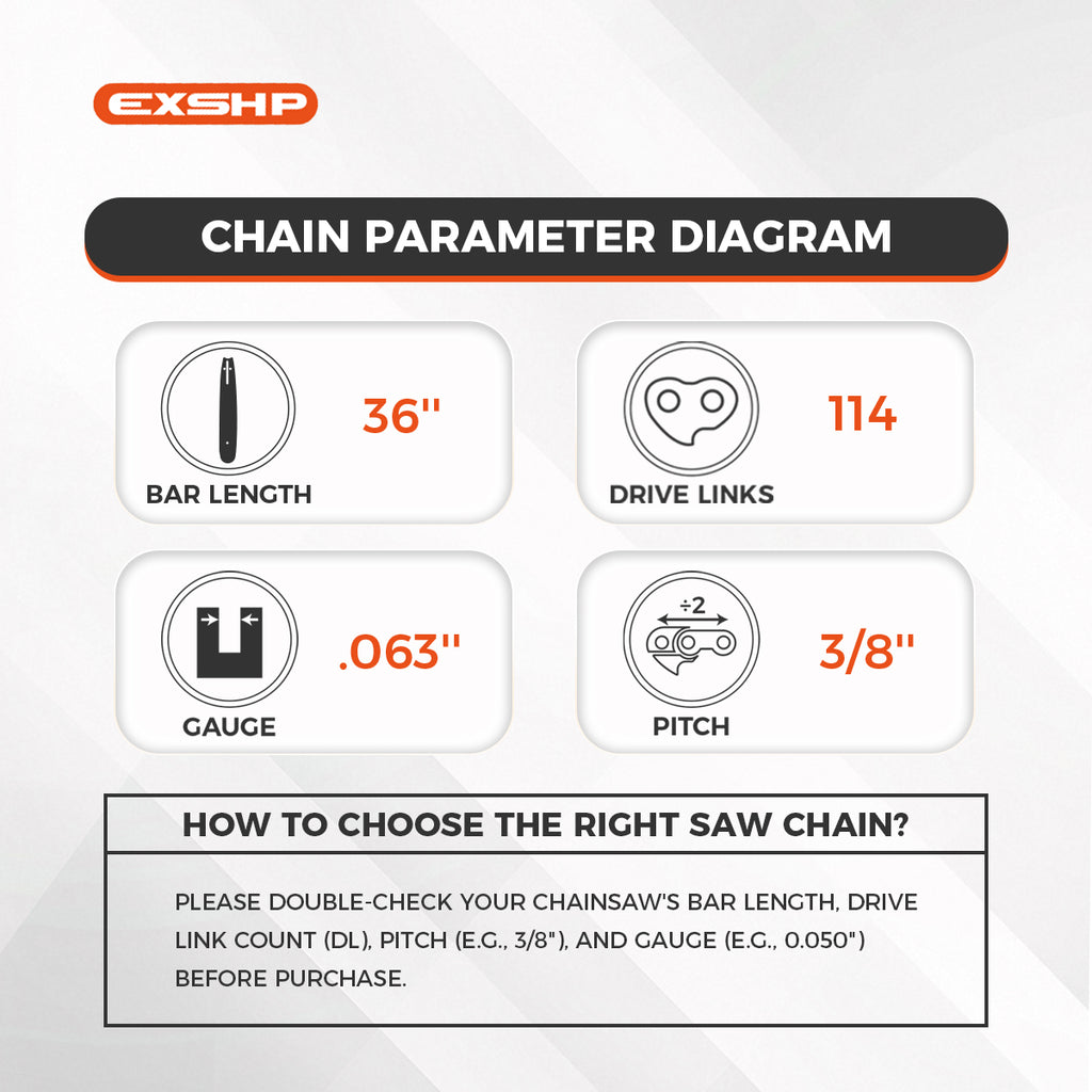 EXSHP | 36 Inch Chainsaw Chain | 3/8" Pitch .063" Gauge | 114 Drive Links | Ripping Cutter | 2-PACK