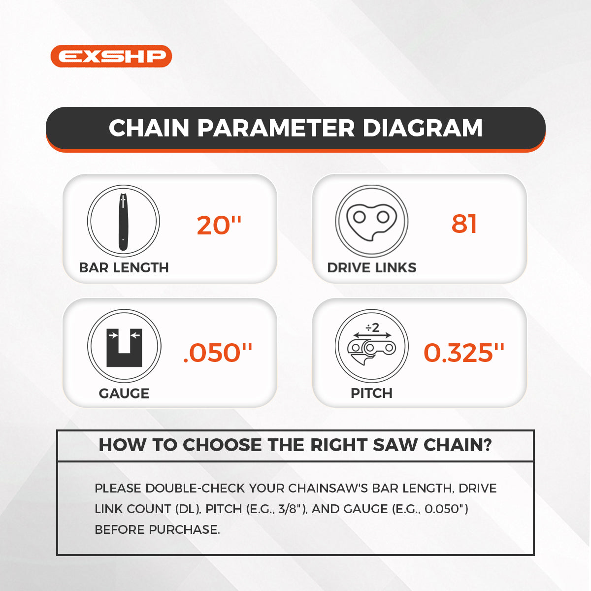 EXSHP | 20 Inch Chainsaw Chain | 325 Pitch .050" Gauge | 81 Drive Links | Full Chisel | 3-PACK