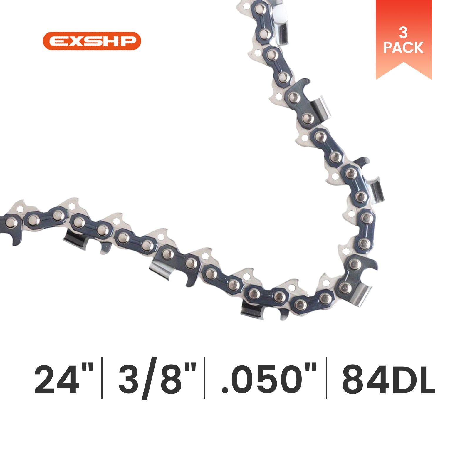 EXSHP | 24 Inch Chainsaw Chain | 3/8" Pitch .050" Gauge | 84 Drive Links | Semi Chisel | 3-PACK
