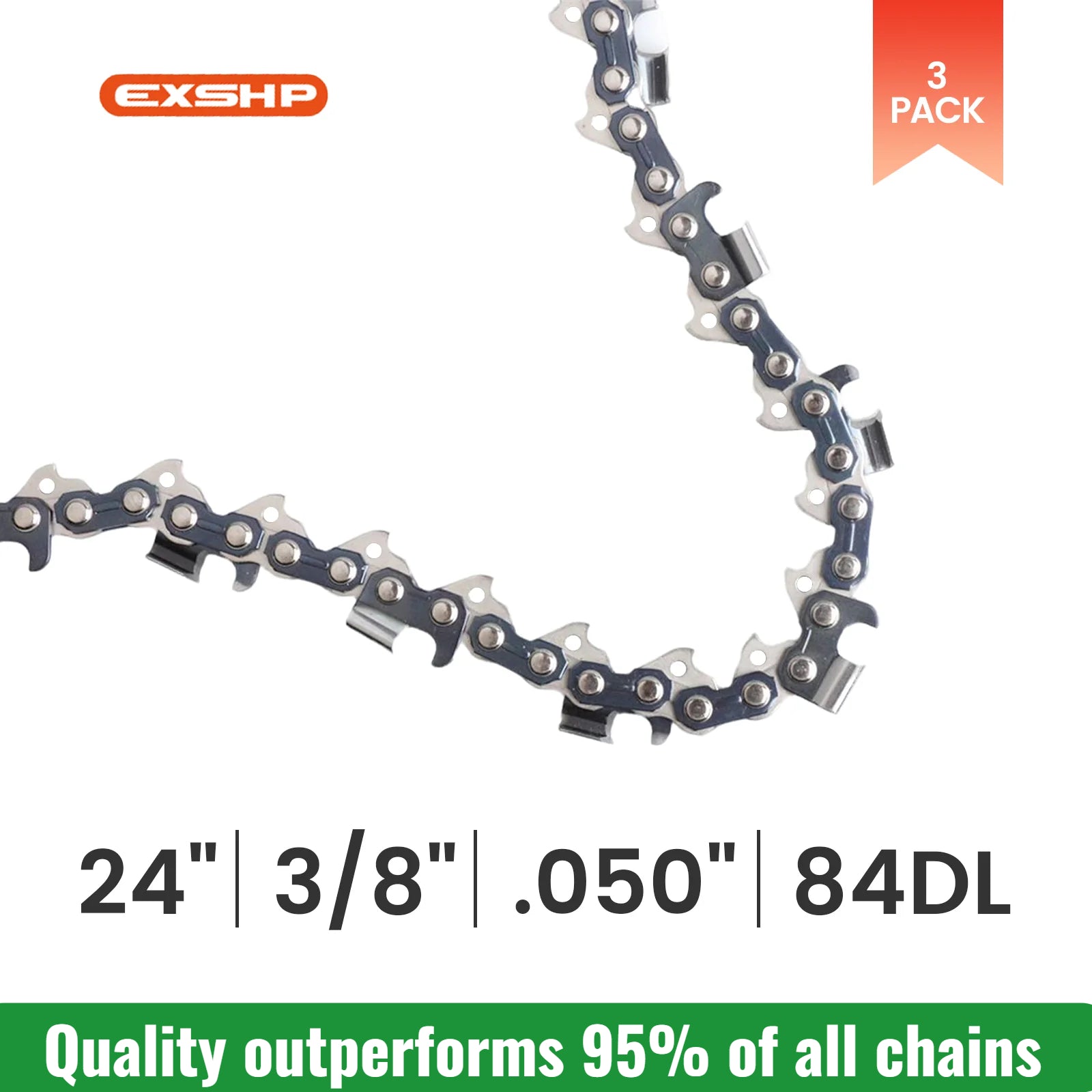 EXSHP | 24 Inch Chainsaw Chain | 3/8" Pitch .050" Gauge | 84 Drive Links | Semi Chisel | 3-PACK