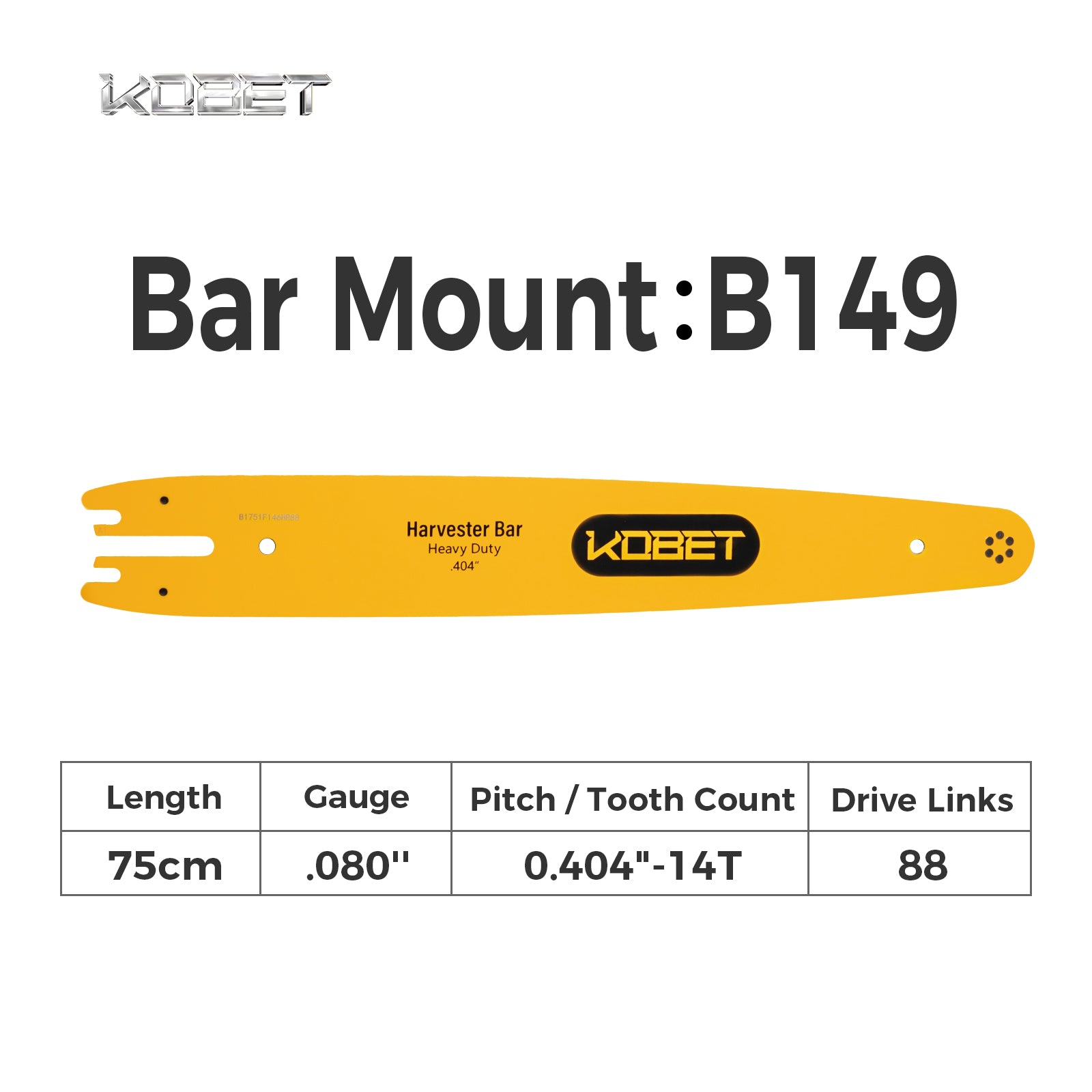 Harvester Guide Bar | B1751F146HR88 | Bar Mount: B149 | Bar length 75cm | Gauge .080" | 0.404"-14T | 88DL