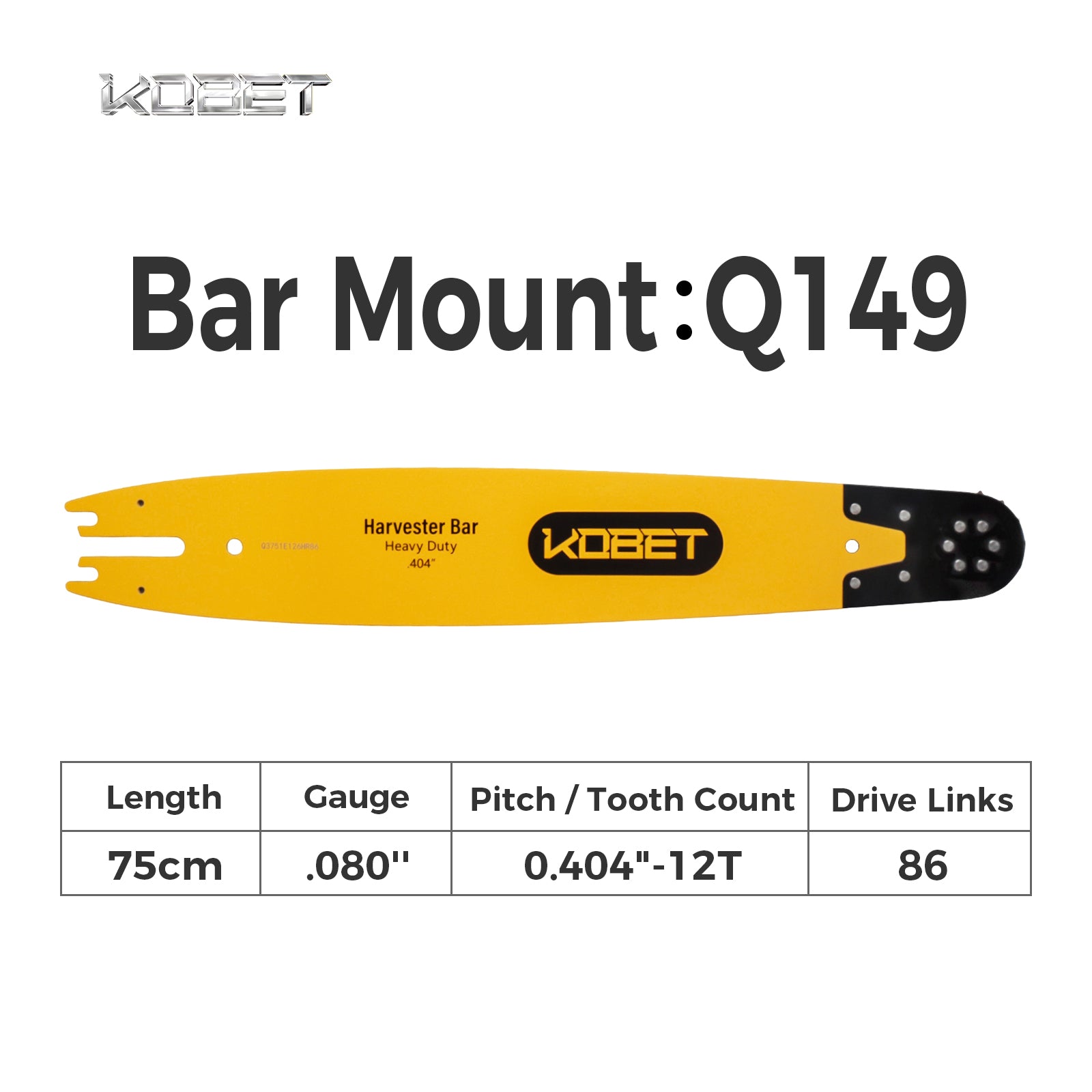 Harvester Guide Bar | Q3751E126HR86 | Bar Mount: Q149 | Bar length 75cm | Gauge .080" | 0.404"-12T | 86DL