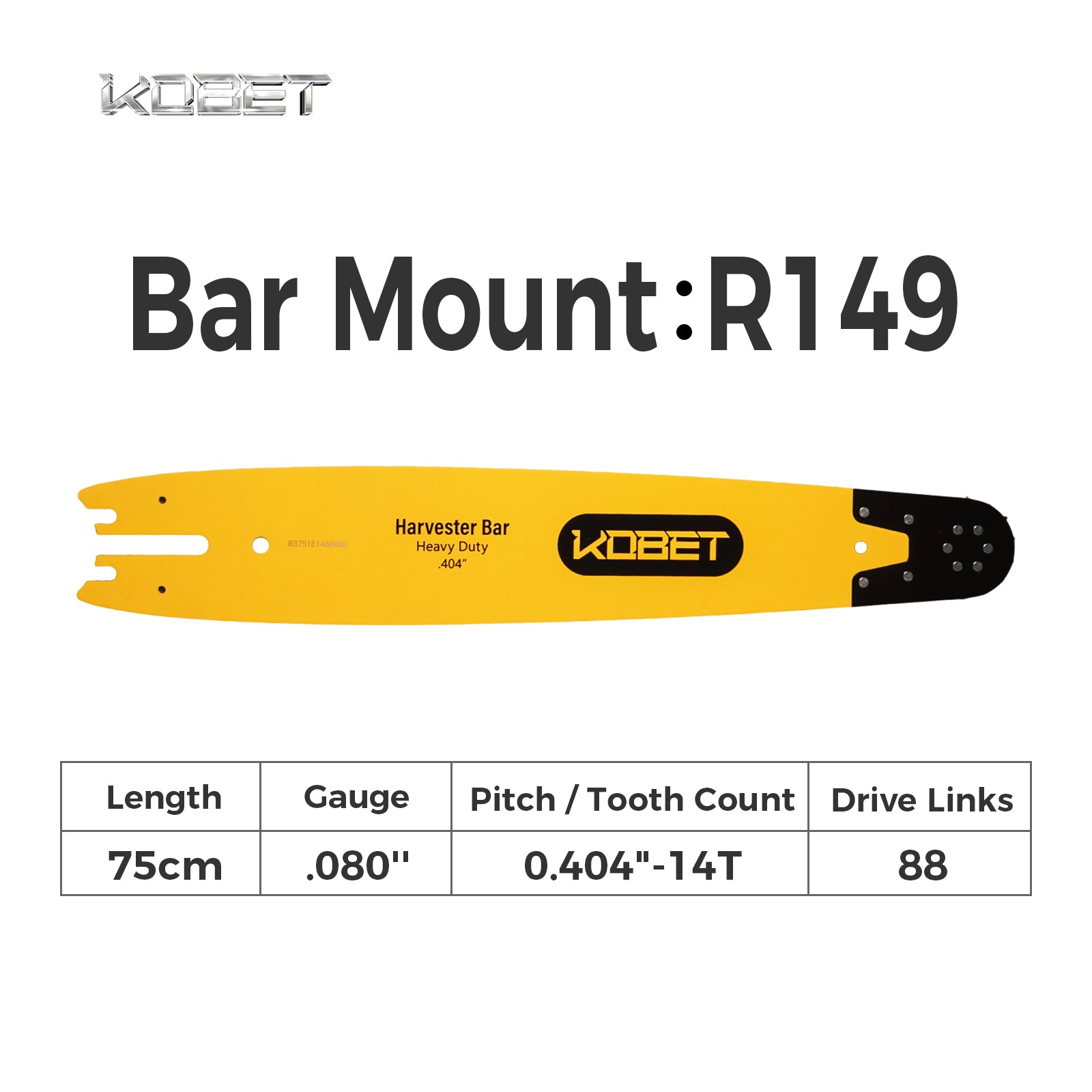 Harvester Guide Bar | R3751E146HR88 | Bar Mount: R149 | Bar length 75cm | Gauge .080" | 0.404"-14T | 88DL
