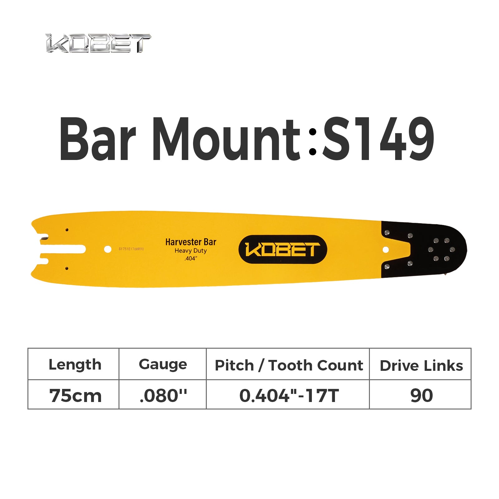Harvester Guide Bar | S1751E176HR90 | Bar Mount: S149 | Bar length 75cm | Gauge .080" | 0.404"-17T | 90DL